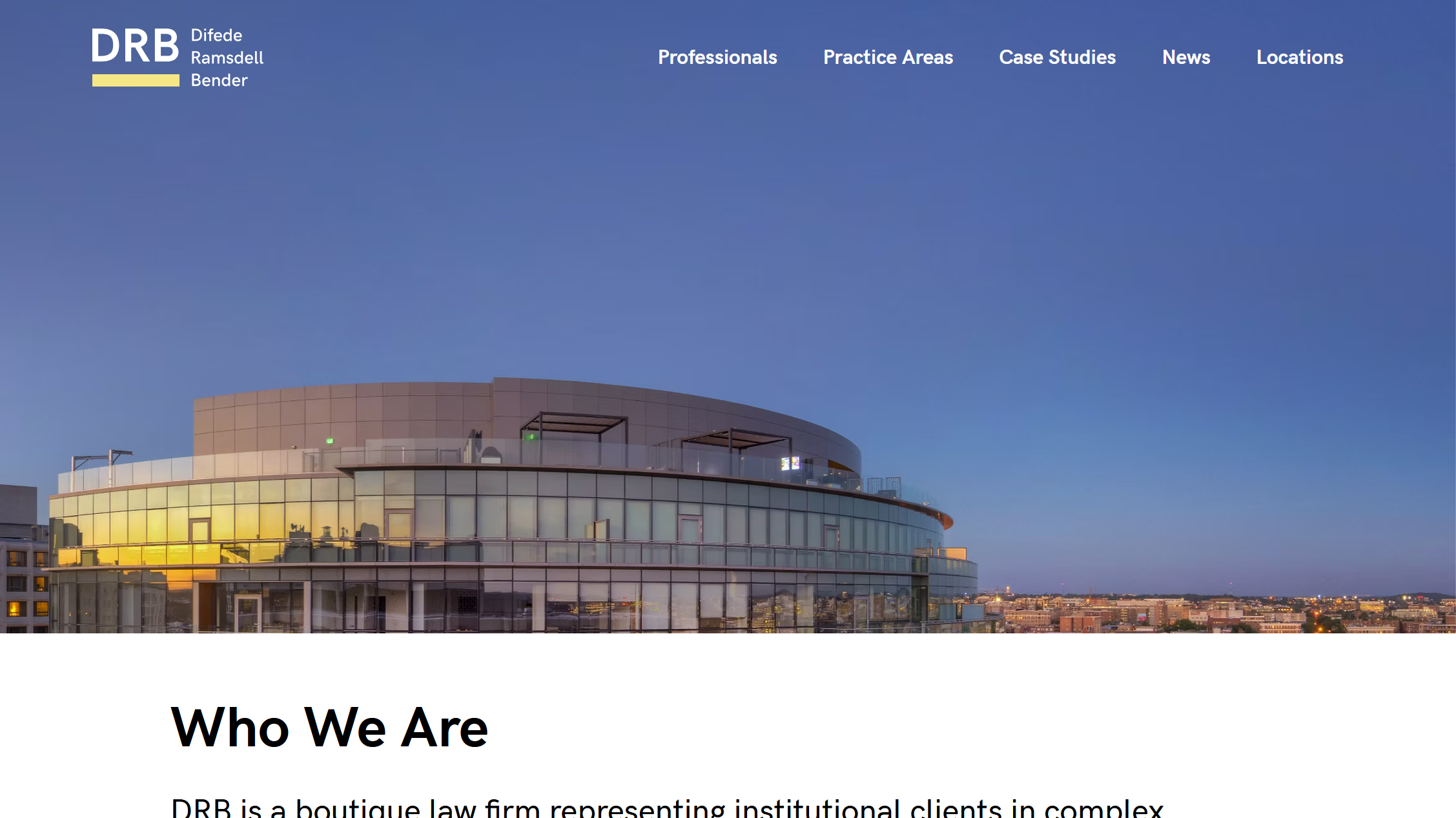 A screenshot of the home page of drb-law.com, the website for Difede Ramsdell Bender
                        PLLC. It shows a building, with the logo of the firm and the navigation bar placed in the
                        sky above the building. Below it reads a heading 'Who We Are.'