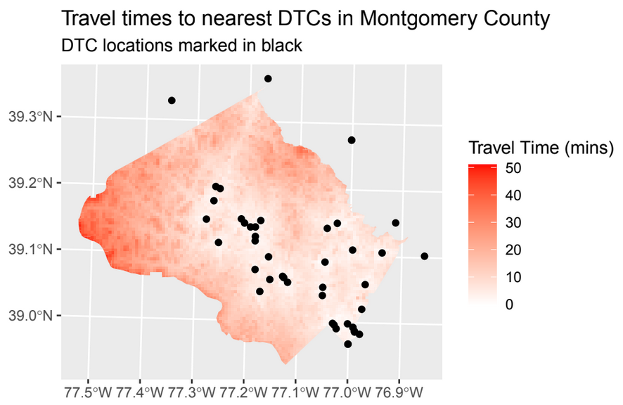A map of Montgomery County, MD, shaded darker to indicate places where travel times
                        to driver training centers are longer. The locations of driver training centers are marked
                        with black dots. The dots are clustered in the center and southeast of the county, and the
                        longest travel times are in the west and north.