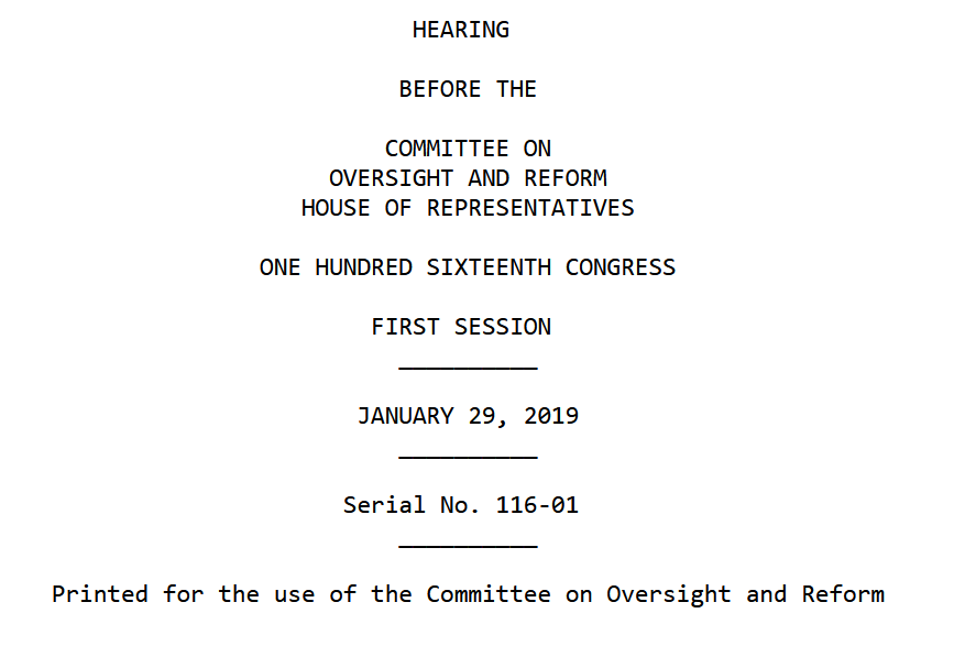 A screenshot of the heading of a congressional hearing transcript.